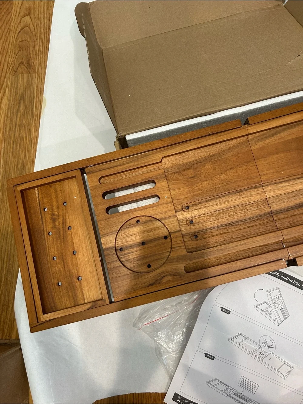 Real Gulf Expandable foldable Bamboo Bathtub Tray Caddy Walnut Finish new in box